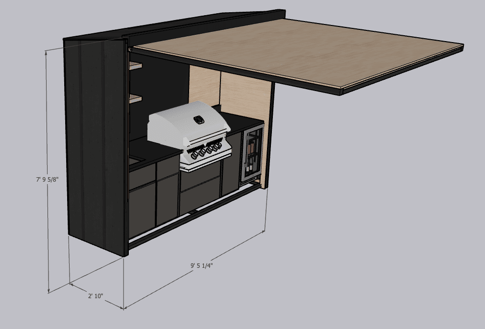 Dimensioned isometric drawing of the pod with the awning open