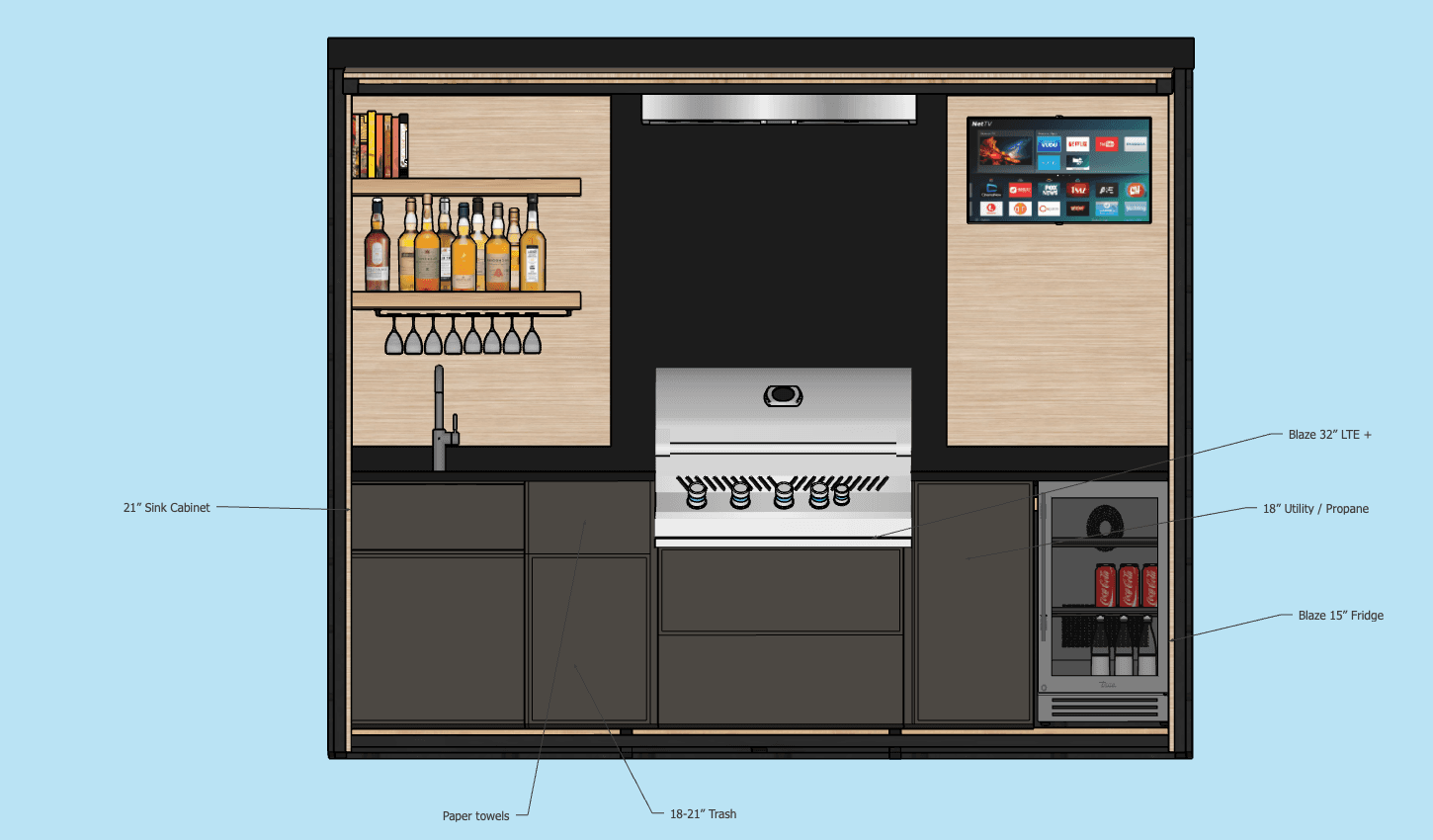 Annotated elevation of the pod interior showing the specified appliances