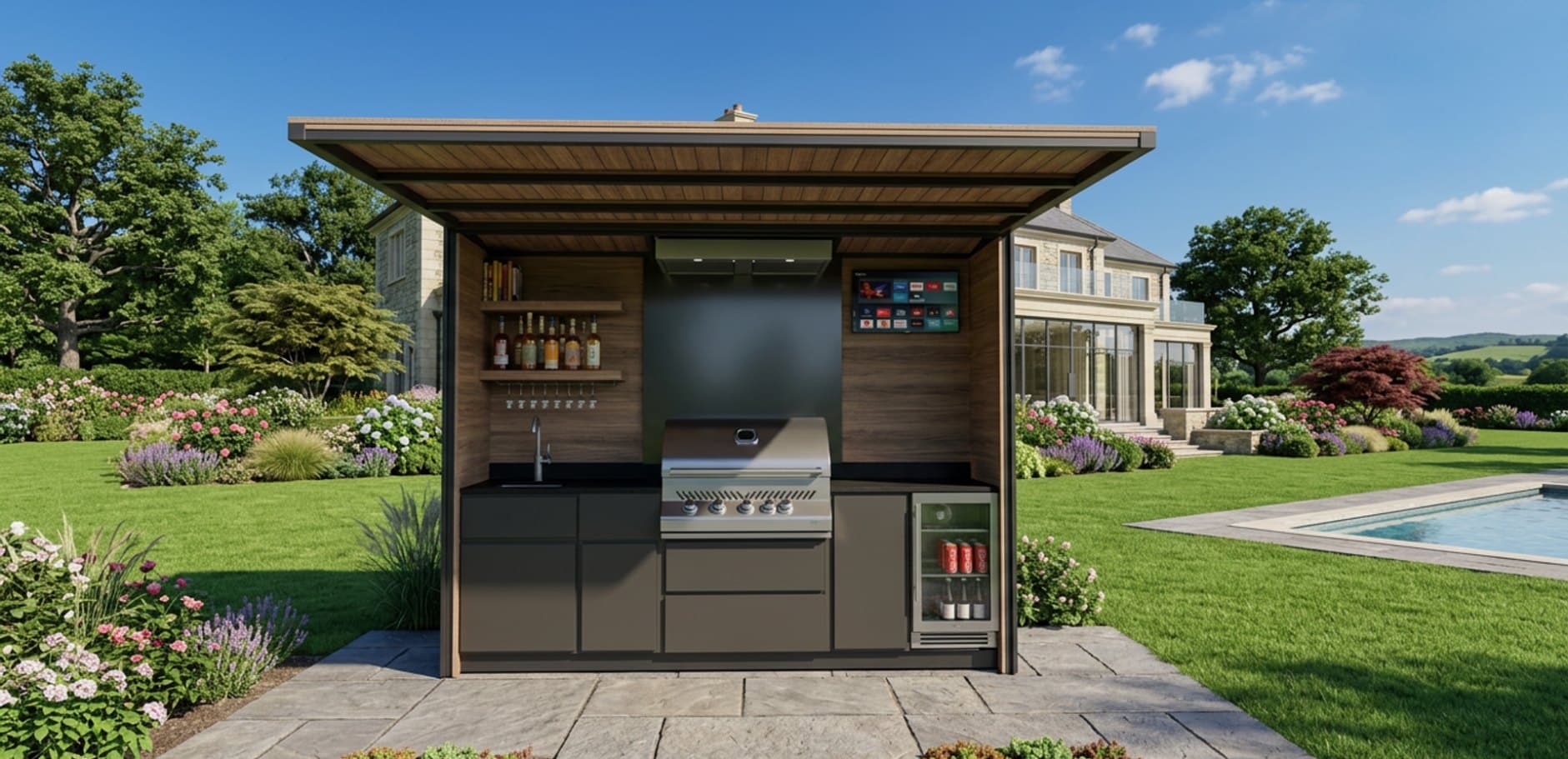 Grill & Chill pod installed on a patio with the awning raised